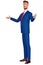 3 d cartoon character. You are welcome. Closeup mature man in a blue suit and red tie gesturing welcome sign and smiling