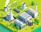 3 d illustration of a power plant with a green plant and a solar panels