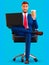 3 d portrait of a male businessman sitting in an armchair, drinking coffee and working on a laptop computer. Minimal