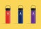 3 differently coloured water bottles