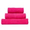 3 frotte towels crimson color, bedroom towel white backgroung. Colorful crimson bath towels isolated. Stack crimson towels. Pile