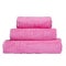 3 frotte towels pink color, bedroom towel white backgroung. Colorful pink bath towels isolated on white. Stack pink towels. Pile