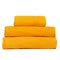3 frotte towels yellow color, bedroom towel white backgroung. Colorful yellow bath towels isolated on white. Stack yellow towels.