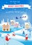 3 funny gnomes, snowman and winter landscape. Christmas image.vector illustration