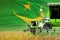 3 green modern combine harvesters with Mauritania flag on farm field - close view, farming concept - industrial 3D illustration