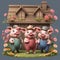 3 little pigs in front of wooden house with flowers