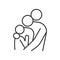 3 People holding, hugging, embracing eachother. Father, mother, son or daugther. Vector thin line icon illustration for concepts