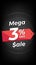 3 percent off. Black discount banner with three percent. Advertising for Mega Sale promotion