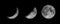3 Phases of the moon, lunar isolate on black background. Close up of Full Moon, half and crescent Moon on dark night sky or space