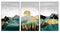 3 pieces wall frame canvas art. golden turquoise blue and black colorful mountains, birds, clouds and golden sun in 3d landscape