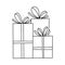 3 presents stacked in a Pile, different gift boxes, decorated with wrapping paper, ribbon, bows. Three gifts for holiday