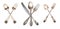 3 set crossed vintage spoon,knife and fork isolated on old vintage background. Rustic style
