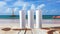 3 White tumblers with a beach background