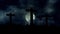 3 Wooden Crosses Burning on a Full Moon Background