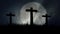 3 Wooden Crosses Burning on a Rising Full Moon Background