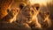 3 young lions are captured staring intently towards the front in Africa, generative AI