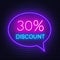 30 percent discount neon sign on brick wall background