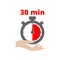 30 Thirty Minutes Clock in Hand icon or sign