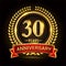 30th golden anniversary logo, with shiny ring and red ribbon, laurel wreath isolated on black background, vector design