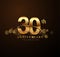 30th golden anniversary logo with swoosh and sparkle golden colored isolated on elegant background, vector design for greeting