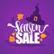 31 October, Halloween sale banner with witch hat autumn leaves a