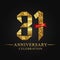 31st anniversary years celebration logotype. Logo ribbon gold number and red ribbon on black background.
