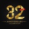 32nd anniversary years celebration logotype. Logo ribbon gold number and red ribbon on black background.