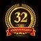 32nd golden anniversary logo, with shiny ring and red ribbon, laurel wreath isolated on black background, vector design