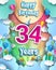 34th Years Birthday Design for greeting cards and poster, with clouds and gift box, balloons. design template for anniversary