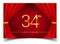 34th years golden anniversary logo with glowing golden colors isolated on realistic red curtain, vector design for greeting card,