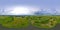 360-degree pano of Aerial view over the middle of a large river. Summer colourful landscape