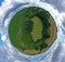 360 degree spherical drone aerial panoramic view on agricultural landscape with swamp pond, trees, fields and meadow