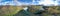 360 degrees Icelandic aerial panorama landscape. Panorama of the Hjalparfoss waterfall and the lagoon