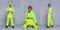 360 full length Snap Figure, Asian Woman wear Green Neon reflection fashion style, she 20s has dying gray color short hair and