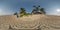360 hdri panorama with coconut trees on ocean coast near tropical shack or open air cafe on beach in equirectangular spherical