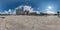 360 seamless hdri panorama view on square near seashore or ocean with skyscrapers with blue sky and good weather in