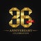 36th anniversary years celebration logotype. Logo ribbon gold number and red ribbon on black background.
