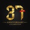 37th anniversary years celebration logotype. Logo ribbon gold number and red ribbon on black background.