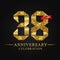 38th anniversary years celebration logotype. Logo ribbon gold number and red ribbon on black background.