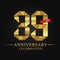 39th anniversary years celebration logotype. Logo ribbon gold number and red ribbon on black background.