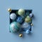 3d abstract background, assorted marble balls inside blue square niche