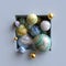 3d abstract background, assorted marble balls inside square niche