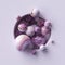3d abstract background, assorted pink marble balls inside round white niche