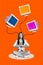 3d abstract creative artwork template collage of calm peaceful woman connect computers wires meditate it specialist