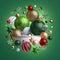 3d abstract green background with Christmas ornaments over the round white podium, blank pedestal, empty space. Red glass balls,