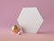 3d abstract modern minimal background, white hexagonal canvas isolated on pink, assorted golden decorative polygonal objects