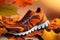 3d abstract painted sport shoes closeup autumn background. ai generative