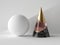 3d abstract primitive shapes on white background, black marble, rose glass and gold cone, white ball, clean minimalist design