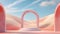 3d abstract surreal pastel landscape background with arches and podium for showing product. Panoramic view. 3d render