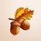 3d acorn. Realistic oak nut with leaves, isolated acorns and fall leaf for autumn nature background decoration, exact